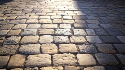 Sunlit cobblestone pavement in a historic town square, with shadows from nearby buildings.