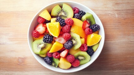 Top view of a colorful fruit salad with fresh berries, kiwi, and citrus slices in a white bowl on a wooden table.
