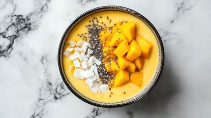 Top view of a homemade smoothie bowl with fresh mango, coconut flakes, and chia seeds. Presented on a marble surface