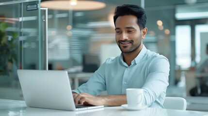 Happy businessman sitting at his desk laughing while working on his laptop in the office