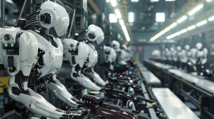 Fototapeta premium Assembly Line of Robots in a Futuristic Factory
