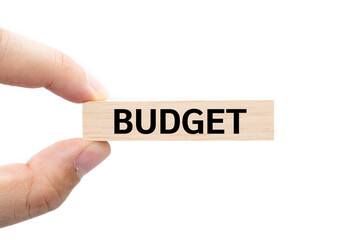 Text BUDGET on wooden block with Clipping path isolate on white background. Financial and business concept. Budget planning concept.
