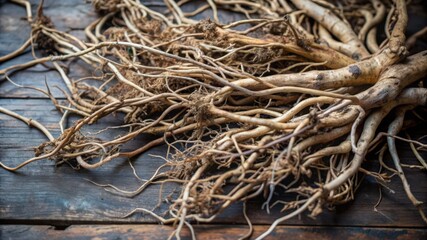 Close-up of a Tangled Mass of Dried Roots on a Wooden Surface