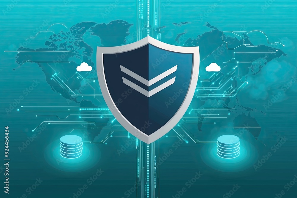 Poster futuristic cyber defense visual with shield emblem and cloud data streams on turquoise background