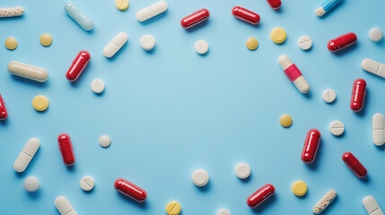 pills , capsule frame, blue background, medicine frame, copy text space