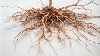 Fototapeta premium Close-up of a Root System with Attached Soil on a White Background