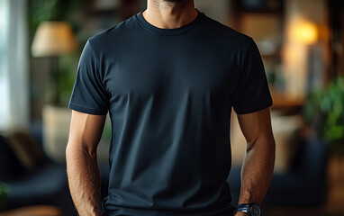 Fototapeta premium Realistic Black T-Shirt Mockup on Young Man for Advertising
