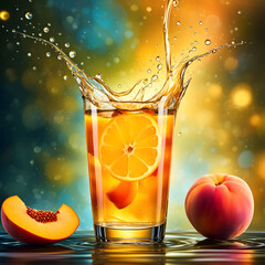 Glass peachf juice with a splash, featuring fresh orange slices and droplets against a white background
