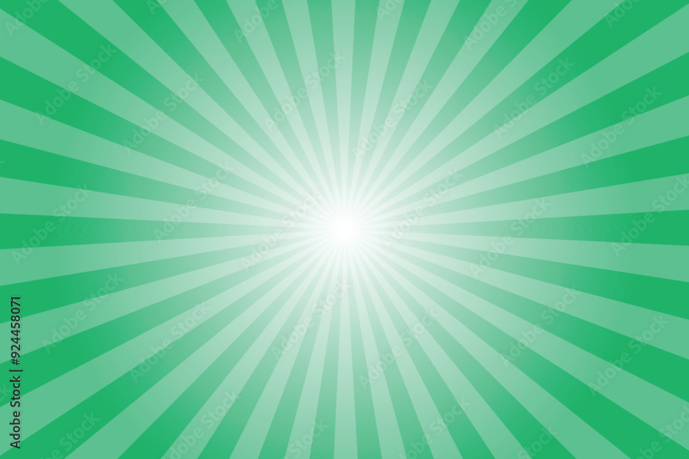 Poster Green background with sun ray. Pattern of starburst. Abstract carlsberg green texture with light of sunburst. Radial beam of sunlight. Retro background with flash. Design of sunbeams. Vector.
