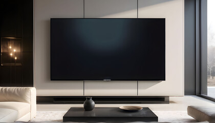 Fototapeta premium Modern living room interior with TV screen monitor and Furniture Furnished Apartment Home House Lounge