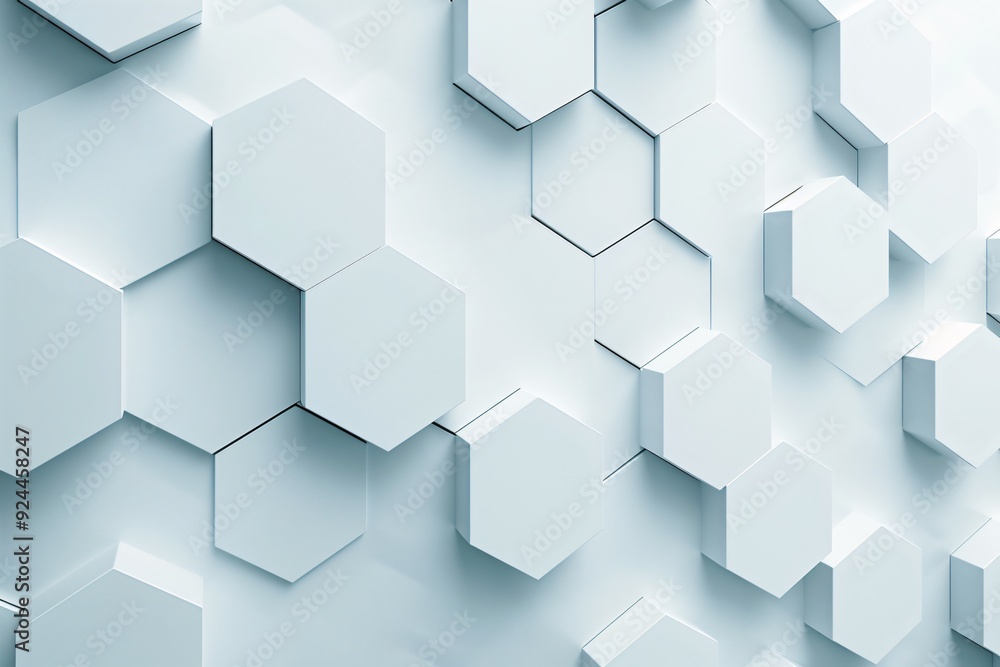 Poster a modern 3d hexagon pattern with subtle shadows and highlights, creating depth and a designated copy