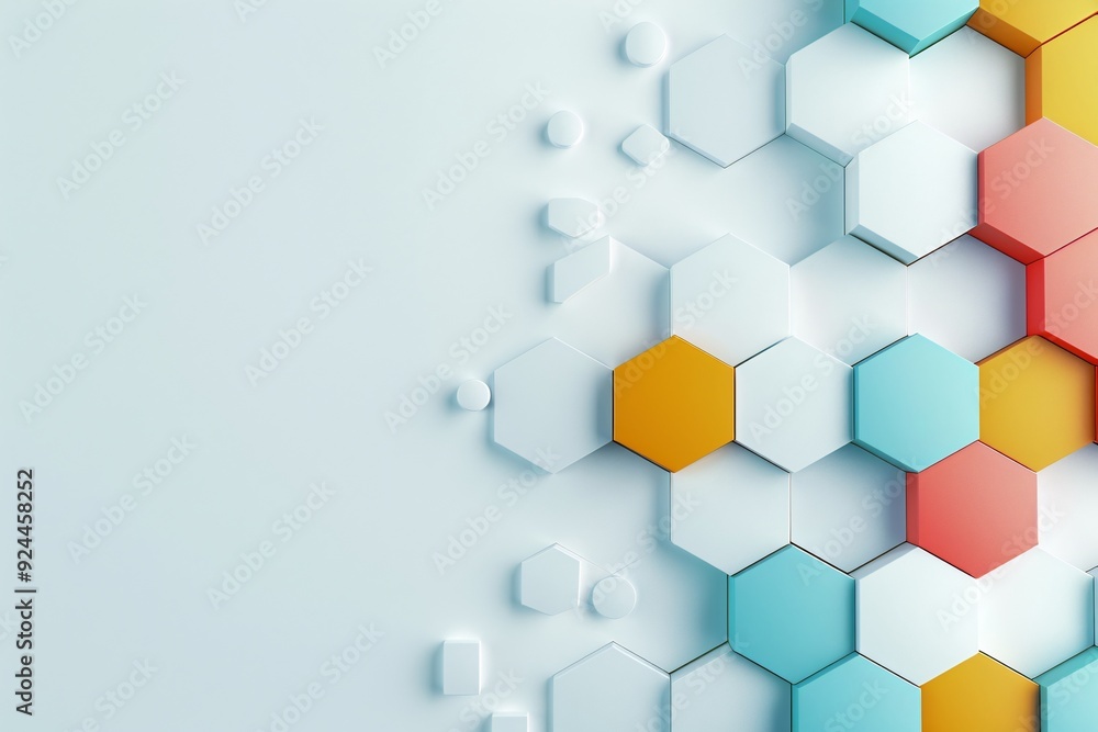 Poster an abstract 3d background with colorful hexagons arranged in a honeycomb pattern, leaving a prominen