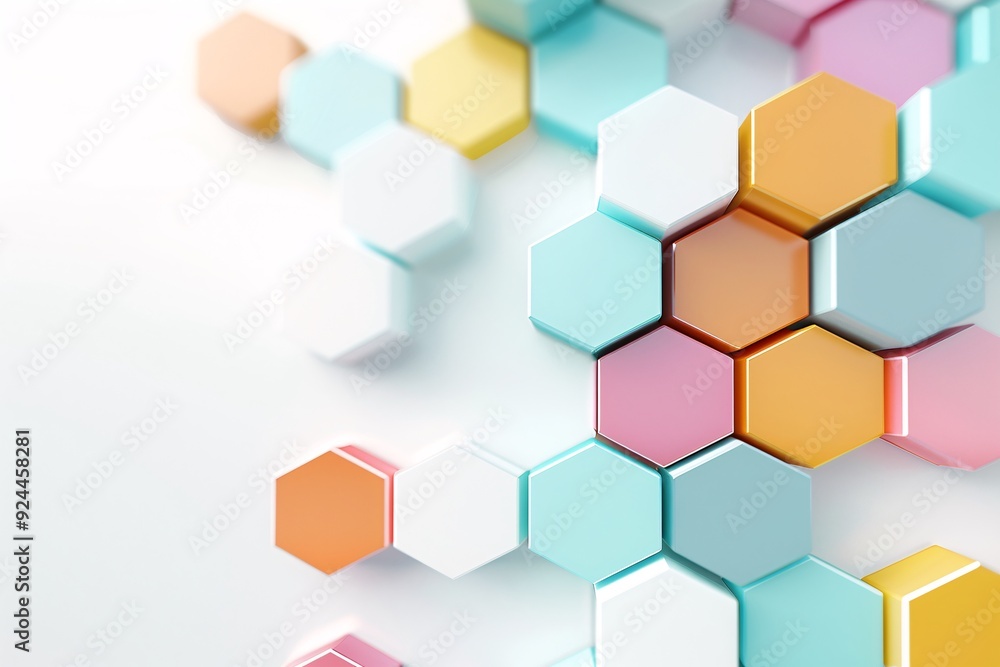 Poster an abstract 3d background with colorful hexagons arranged in a honeycomb pattern, leaving a prominen