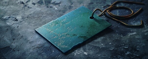 A close-up of a blue metal tag with a textured surface.