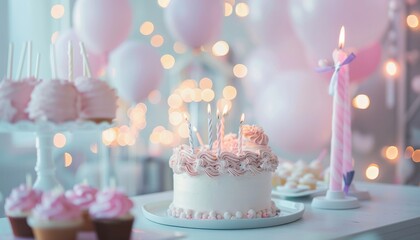 A birthday cake with a single lit candle and pink cupcakes on a table with a blurred background of balloons and lights.