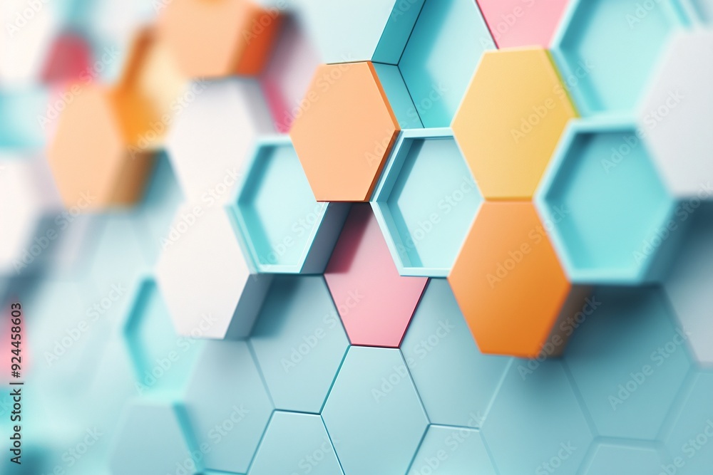Poster a dynamic 3d hexagon pattern with vibrant colors, offering a clean copyspace area in the middle for 