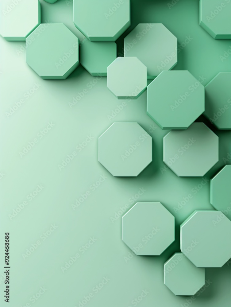 Poster a geometric 3d background with hexagons in various shades of green, providing a clean copyspace area