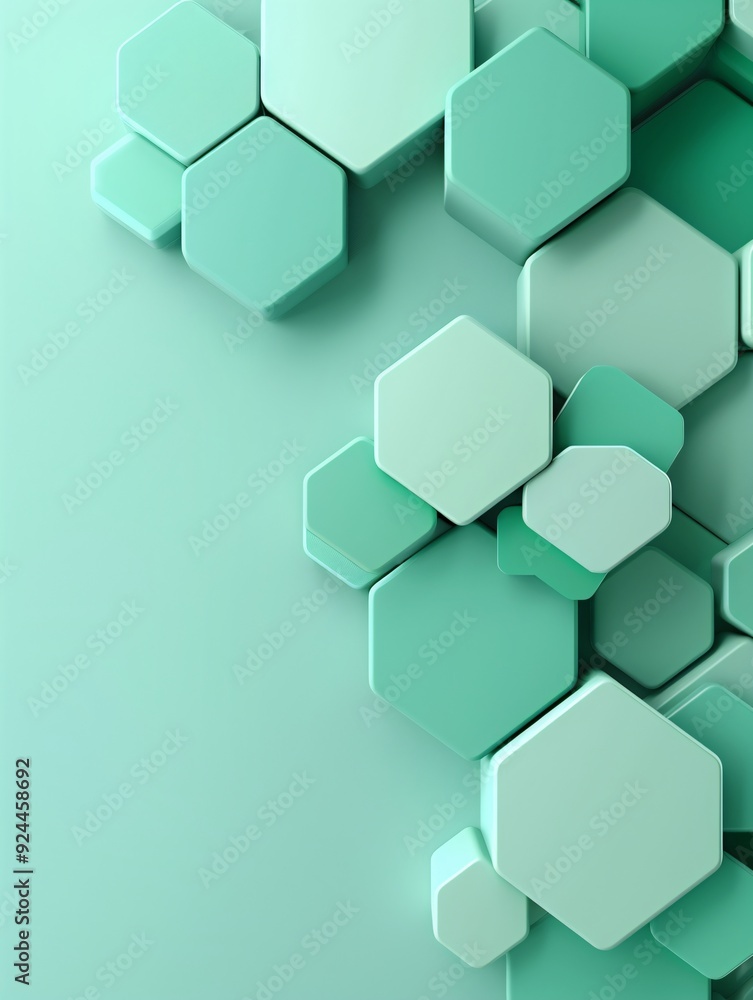 Poster a geometric 3d background with hexagons in various shades of green, providing a clean copyspace area