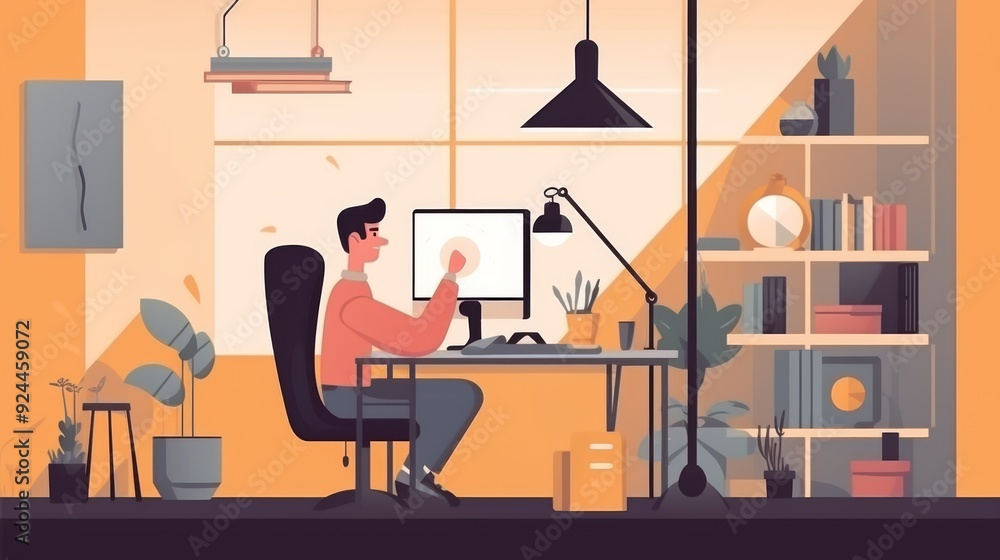 Aufkleber a man is sitting at a desk in a room with a computer monitor and a keyboard