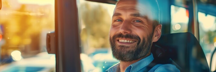 A smiling bus driver seated inside the bus, with bright sunlight illuminating the background, bringing a warm and positive atmosphere.