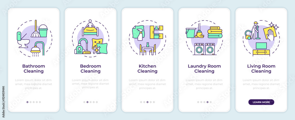 Poster house cleaning onboarding mobile app screen. professional service. walkthrough 5 steps editable grap