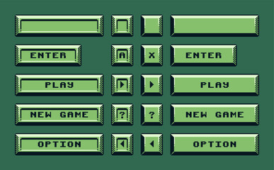 Button, game boy interface, pixel art design, play, option, retro 80s console gaming app, video game, flat style, old school computer graphic design, 8-bit sprite, game assets, vector illustration.