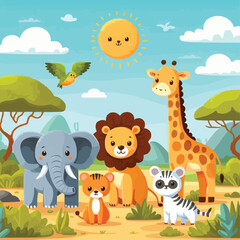 Obraz premium Cute African Animals Stand among the Savannahs Flat vector illustration