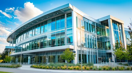 Obraz premium Modern Office Building with Glass Facade and Blue Sky