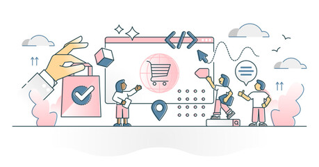 E-commerce retail shop with customer product purchase online outline concept, transparent background. Distant shopping in store website illustration. Female fashion trade checkout scene.