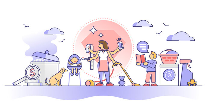 Busy mom daily routine with home multitasking duties and work outline concept, transparent background. Task management from parenting. - Powered by Adobe