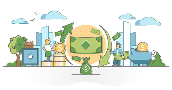 money flow concept, green arrows, people, city clip art preview