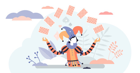 Jocker card game character concept, flat tiny person illustration, transparent background. Abstract life and business risk taking symbol. Tricky fortune promising person.