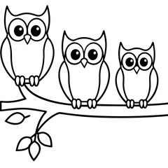 horizontal tree branches with 4 owls on top line art vector