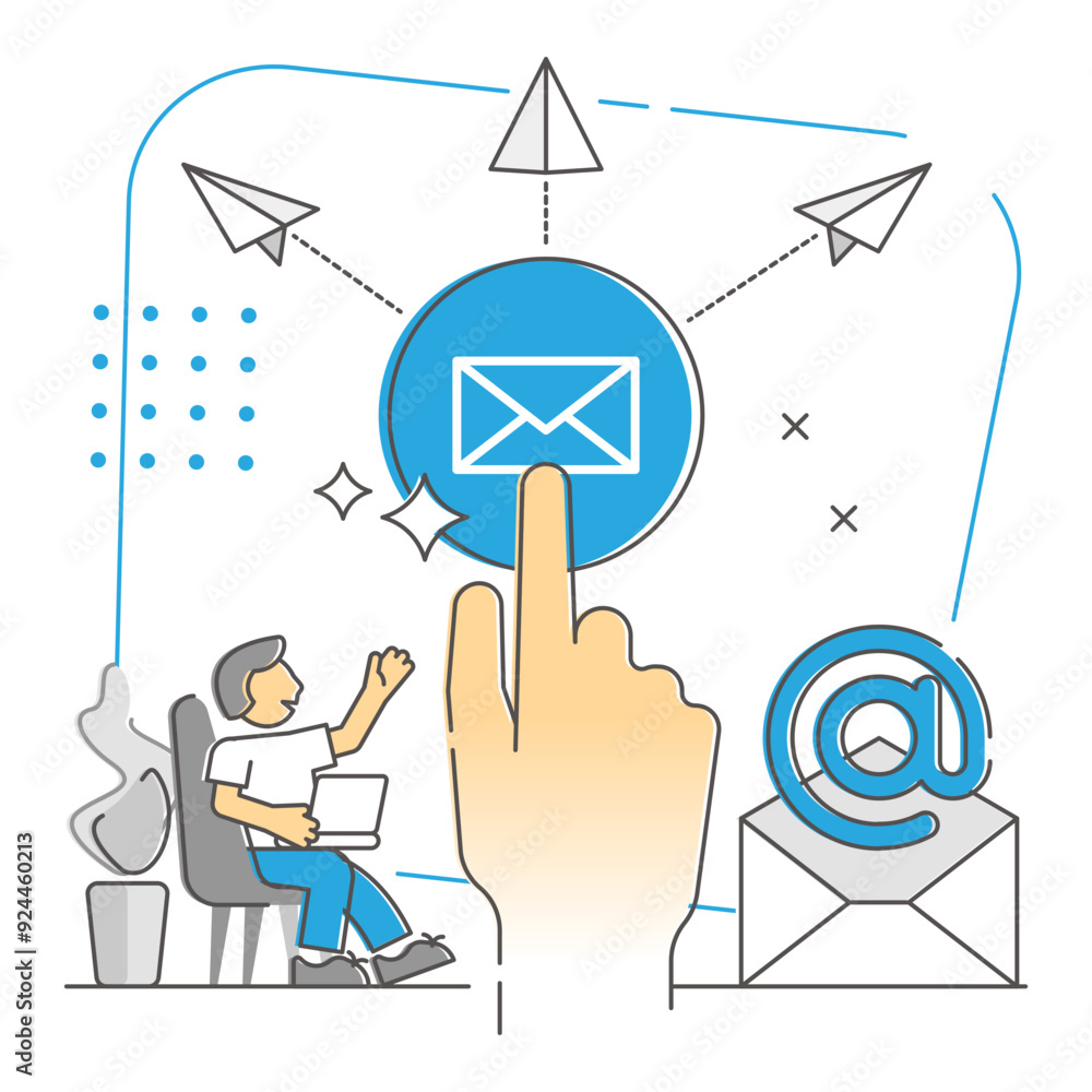 Poster sending e-mails as global widespread messaging monocolor outline concept, transparent background. ma