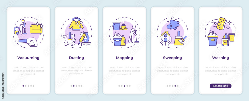 Poster methods of cleaning onboarding mobile app screen. walkthrough 5 steps editable graphic instructions 