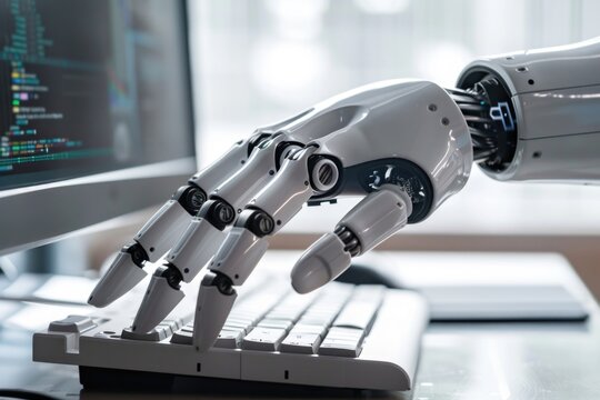 A robotic hand typing on a keyboard next to a computer monitor