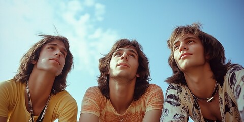  Three men in 1970s style looking up to the sky