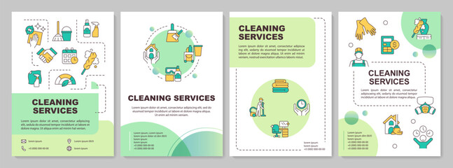 Cleaner booking benefits green circle brochure template. Leaflet design with linear icons. Editable 4 vector layouts for presentation, annual reports. Arial-Bold, Myriad Pro-Regular fonts used
