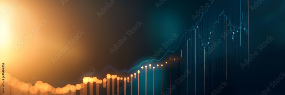 Poster an abstract graph with fluctuating lines indicating data trends, with warm lighting, suggesting fina