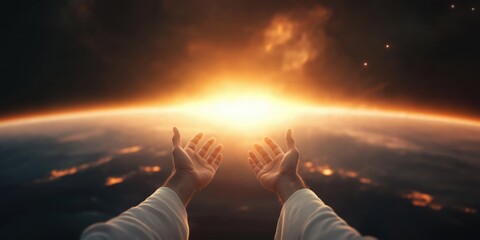 Image of Jesus with arms and hands open wide in front of a bright light representing heaven and earth