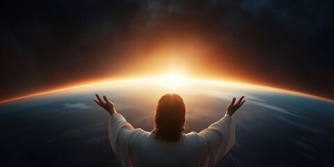 Image of Jesus with arms and hands open wide in front of a bright light representing heaven and earth