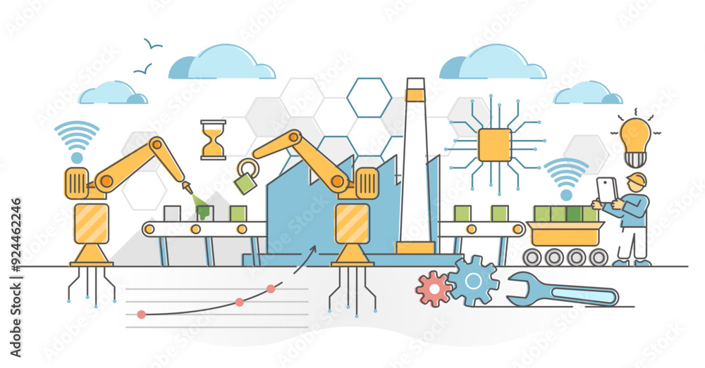 Poster factory automation with machine technology and industrial robots outline concept, transparent backgr