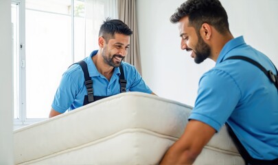 Fototapeta premium Skilled Indian Movers Carefully Transporting a Mattress into a Modern Home