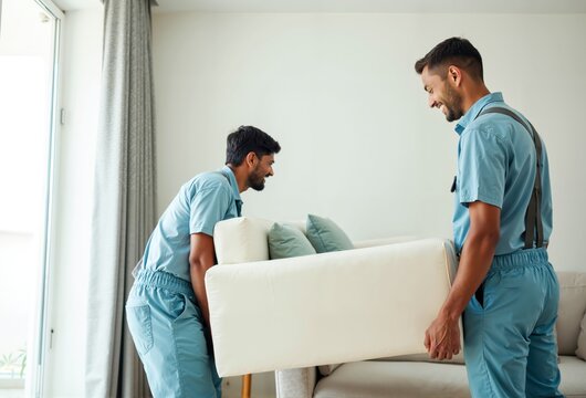 Indian Movers Carefully Transporting a Couch into a Modern Home with Smiles