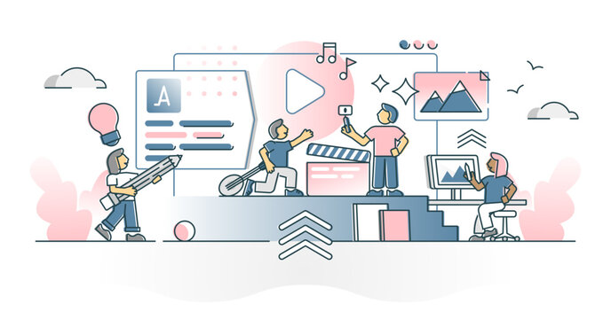 Creating creative content with artists culture performance outline concept, transparent background. Film making, music, literature and painting as creator or author expression illustration.