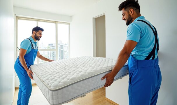 Professional Indian Movers Carefully Transporting a Mattress into a Modern Home