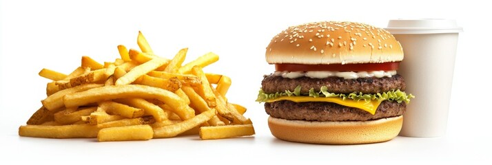 Fast Food Delights: A Tasty Arrangement of Hamburger, Fries, and Coffee on a White Background, Capturing the Essence of Quick Mealtime, Food, suitable for food blogs and food websites