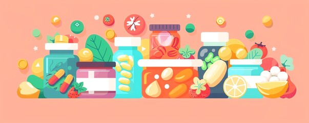 Vitamins for children, kidfriendly supplements, flat design illustration