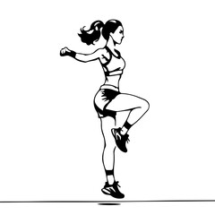 Woman Jumping Silhouette Line Art Drawing. Sport Female Portrait Sketch Minimalist Style. Woman Run Linear Drawing. Fitness Minimal Print. Sport Logo. Vector EPS 10