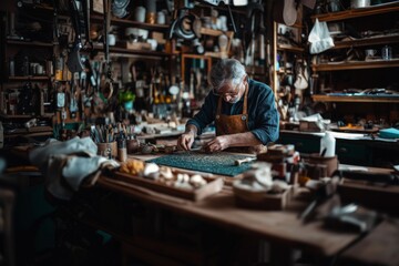 Image of a local artisan working on a craft or handmade product in their workshop. Highlight the craftsmanship, tools, and the artisan's skillful hands